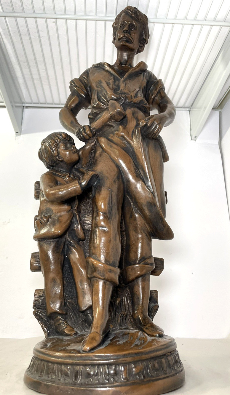 Large Vintage Bronze Finish Plaster Statue Man & Child 19” Crack